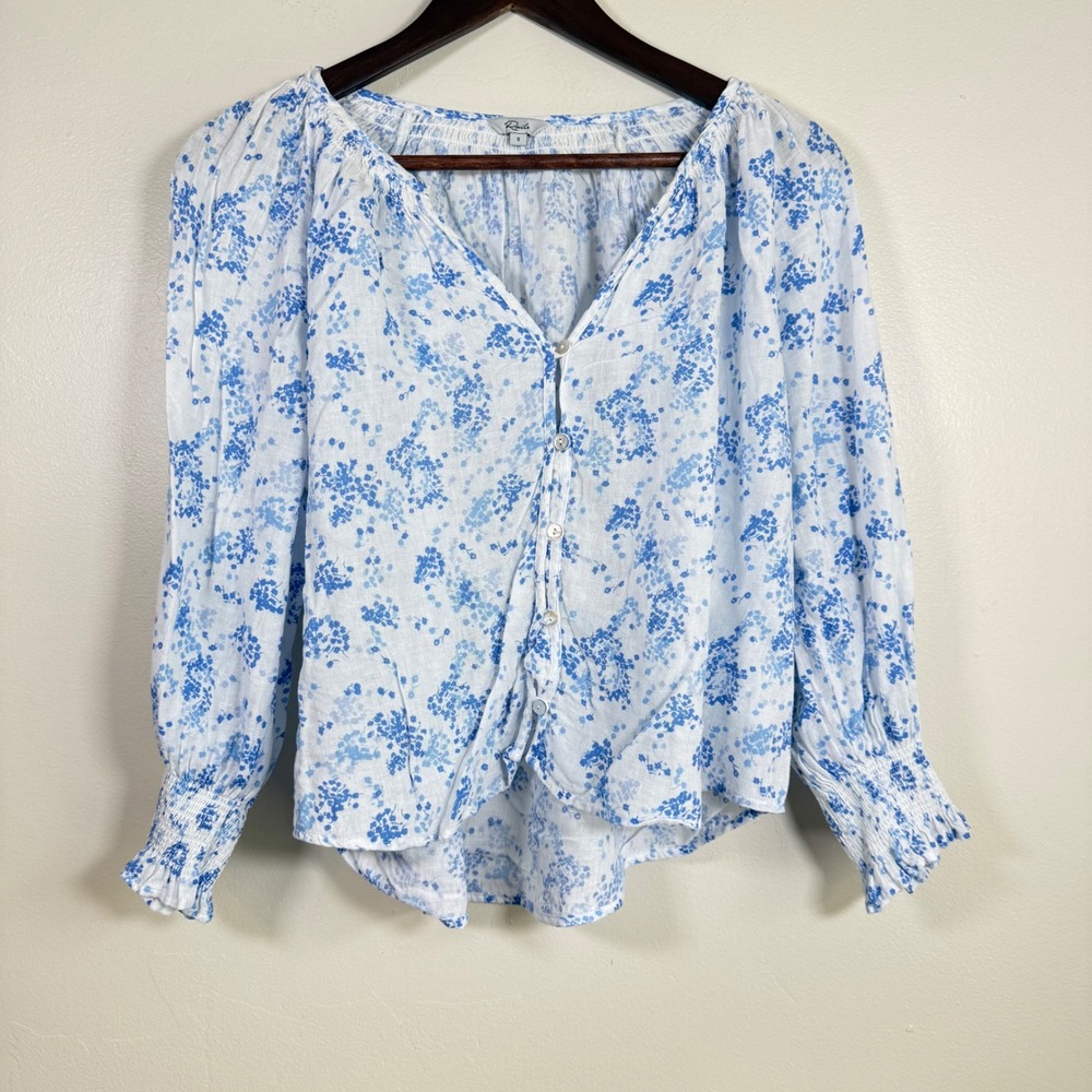 Rails Mariah Blue Blossoms Floral Linen Blend Blouse Size Small White Blue